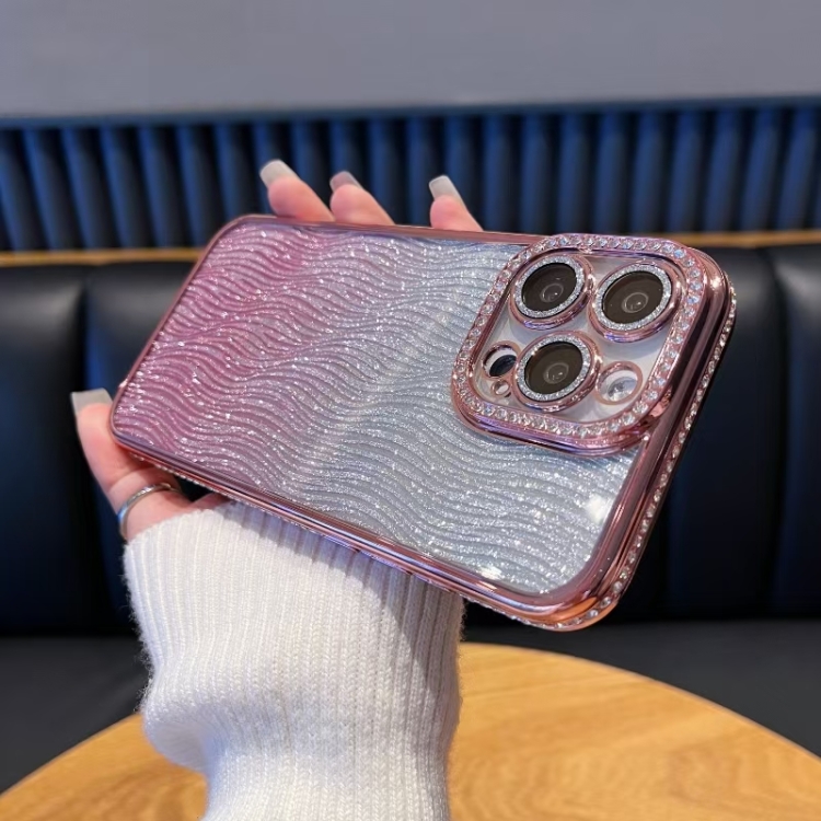 

For iPhone 15 Pro Max Diamond Water Ripple Gradient Glitter TPU Phone Case(Pink)