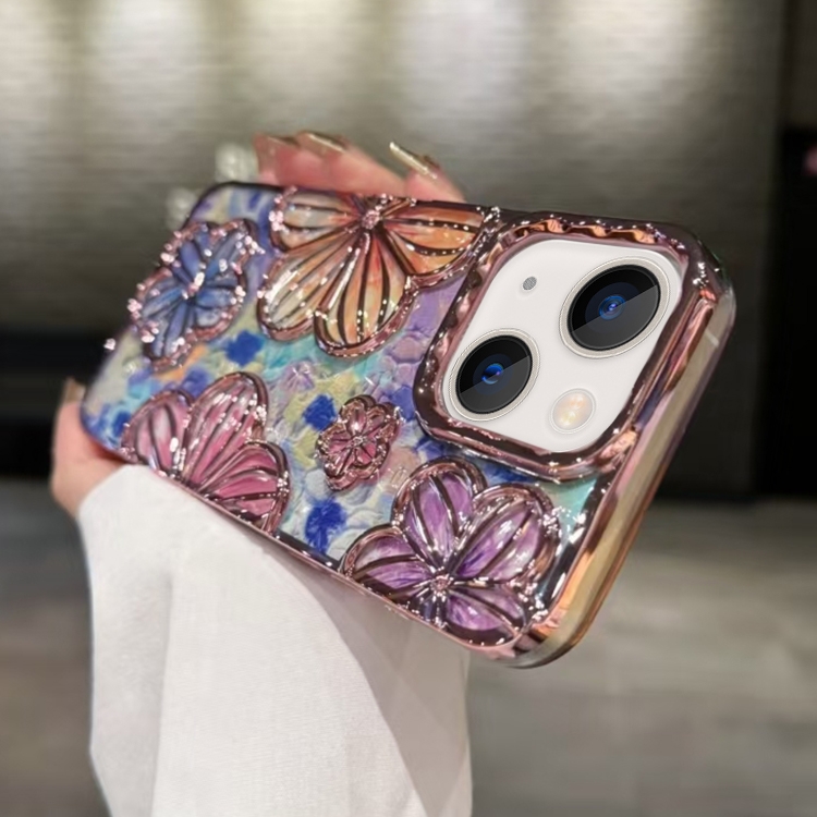 

For iPhone 15 Plus 3D Flower Electroplated TPU Phone Case(Pink)