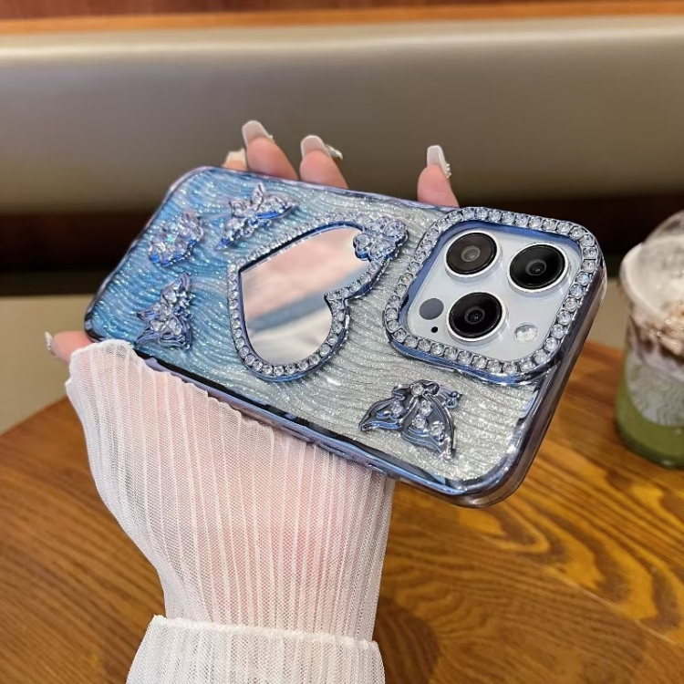 

For iPhone 15 Pro Max Heart-shaped Mirror Diamond Glitter Phone Case(Blue)