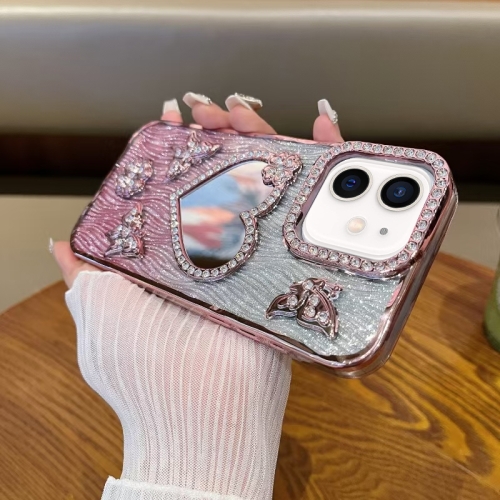

For iPhone 12 Pro Heart-shaped Mirror Diamond Glitter Phone Case(Pink)