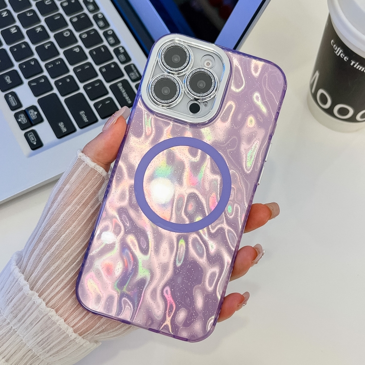 

For iPhone 13 Pro Plating Texture MagSafe TPU Phone Case with Glitter Lens Film(Purple Wrinkles)