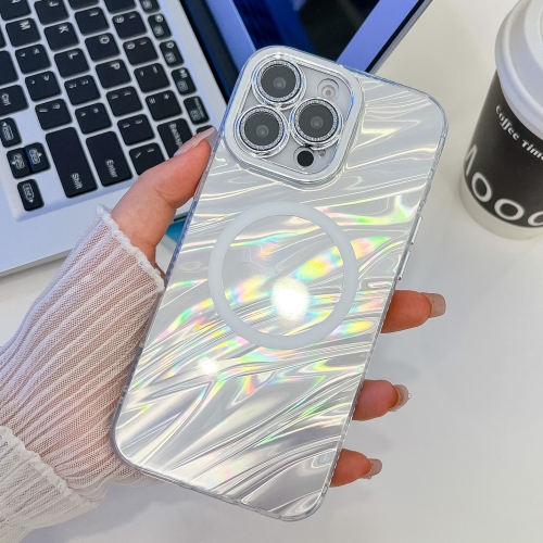 

For iPhone 13 Pro Max Plating Texture MagSafe TPU Phone Case with Glitter Lens Film(White Water Ripples)