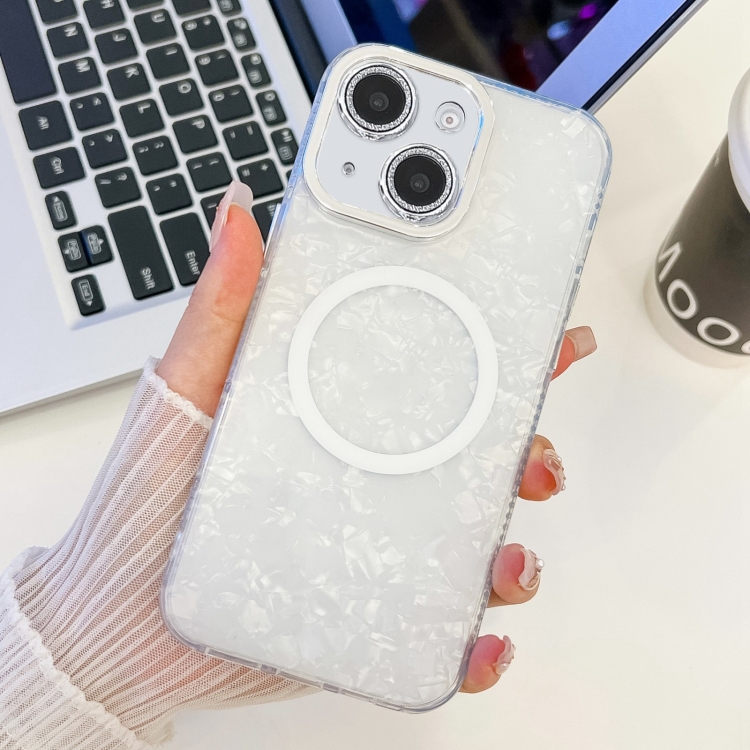 

For iPhone 14 Plating Texture MagSafe TPU Phone Case with Glitter Lens Film(White Shell Pattern)