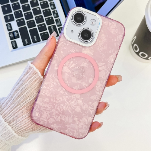 

For iPhone 14 Plating Texture MagSafe TPU Phone Case with Glitter Lens Film(Pink Shell Pattern)