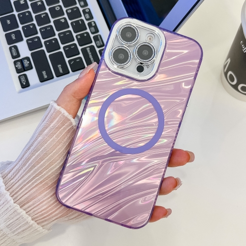 

For iPhone 14 Pro Plating Texture MagSafe TPU Phone Case with Glitter Lens Film(Purple Water Ripples)