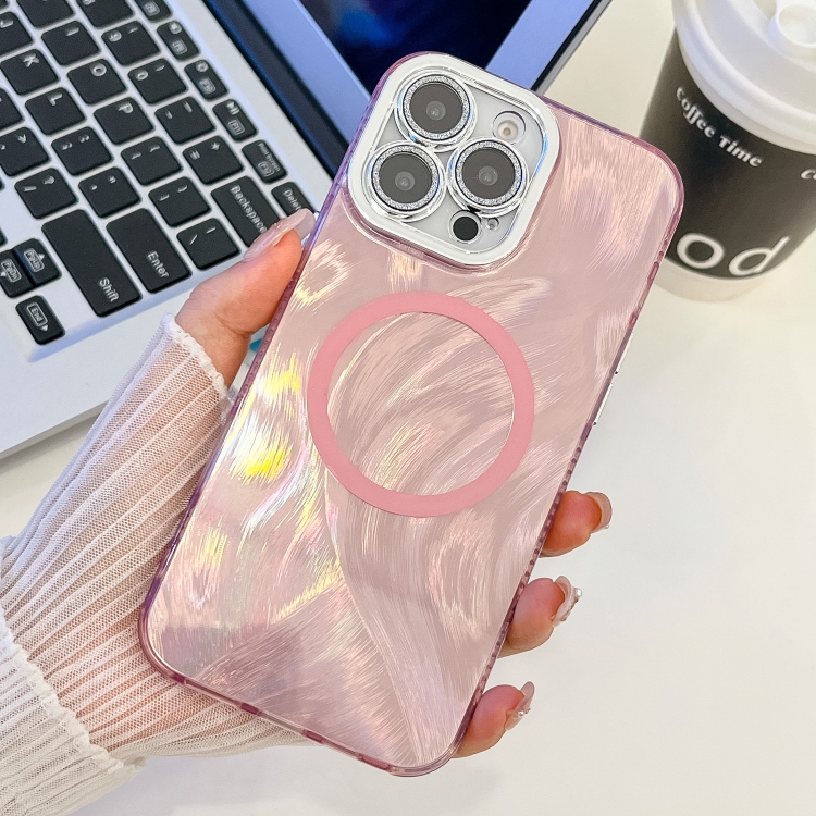

For iPhone 14 Pro Plating Texture MagSafe TPU Phone Case with Glitter Lens Film(Pink Feather Yarn)