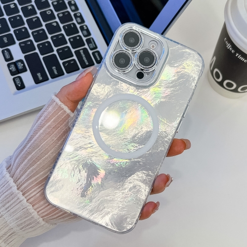 

For iPhone 14 Pro Max Plating Texture MagSafe TPU Phone Case with Glitter Lens Film(White Tinfoil Texture)