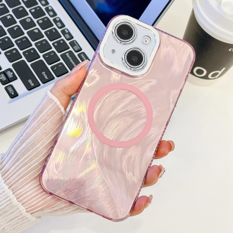 

For iPhone 15 Plating Texture MagSafe TPU Phone Case with Glitter Lens Film(Pink Feather Yarn)