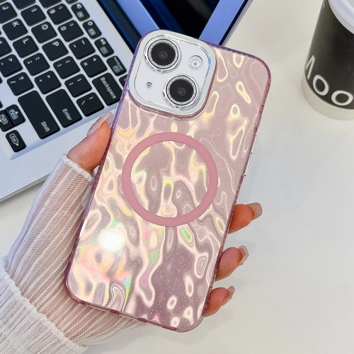 

For iPhone 15 Plating Texture MagSafe TPU Phone Case with Glitter Lens Film(Pink Wrinkles)