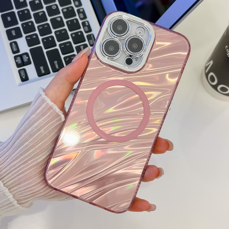 

For iPhone 15 Pro Plating Texture MagSafe TPU Phone Case with Glitter Lens Film(Pink Water Ripples)