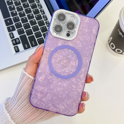 

For iPhone 15 Pro Max Plating Texture MagSafe TPU Phone Case with Glitter Lens Film(Purple Shell Pattern)