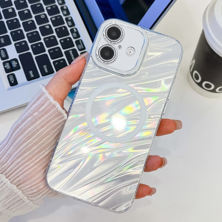 

For iPhone 16 Plus Plating Texture MagSafe TPU Phone Case with Glitter Lens Film(White Water Ripples)