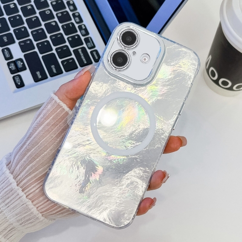 

For iPhone 16 Plus Plating Texture MagSafe TPU Phone Case with Glitter Lens Film(White Tinfoil Texture)