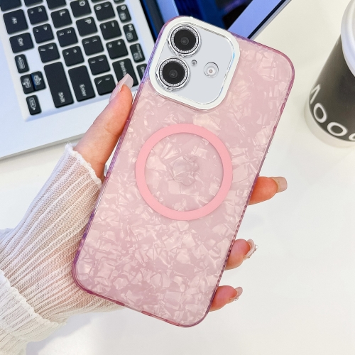 

For iPhone 16 Plating Texture MagSafe TPU Phone Case with Glitter Lens Film(Pink Shell Pattern)