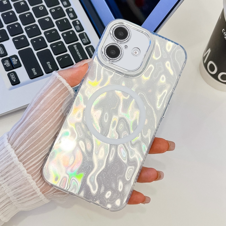 

For iPhone 16 Plating Texture MagSafe TPU Phone Case with Glitter Lens Film(White Wrinkles)