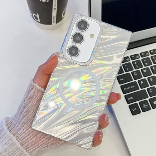 

For Samsung Galaxy S24 FE 5G Plating Texture MagSafe TPU Phone Case with Glitter Lens Film(White Water Ripples)