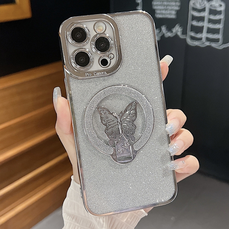 

For iPhone 14 Pro Max Plating Glitter Butterfly Holder Phone Case(Silver)