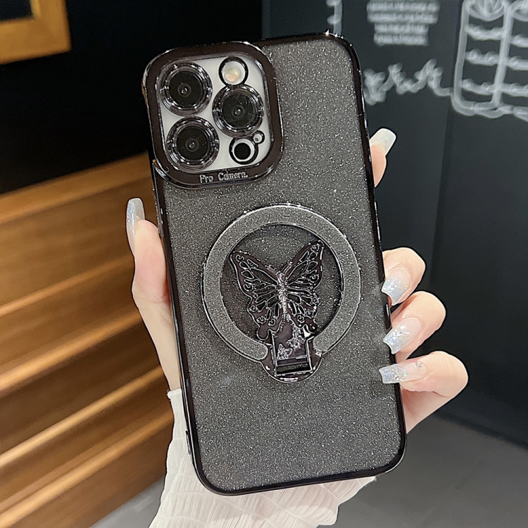 

For iPhone 13 Pro Max Plating Glitter Butterfly Holder Phone Case(Black)