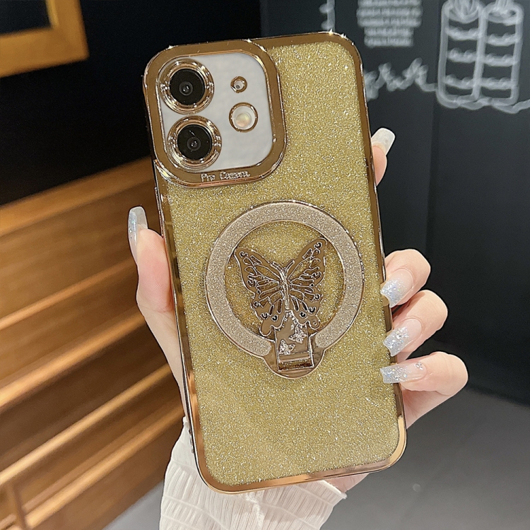 

For iPhone 11 Plating Glitter Butterfly Holder Phone Case(Gold)