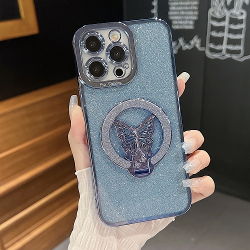 

For iPhone 16 Pro Plating Glitter Butterfly Holder Phone Case(Blue)