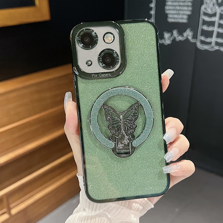 

For iPhone 14 Plus Plating Glitter Butterfly Holder Phone Case(Green)