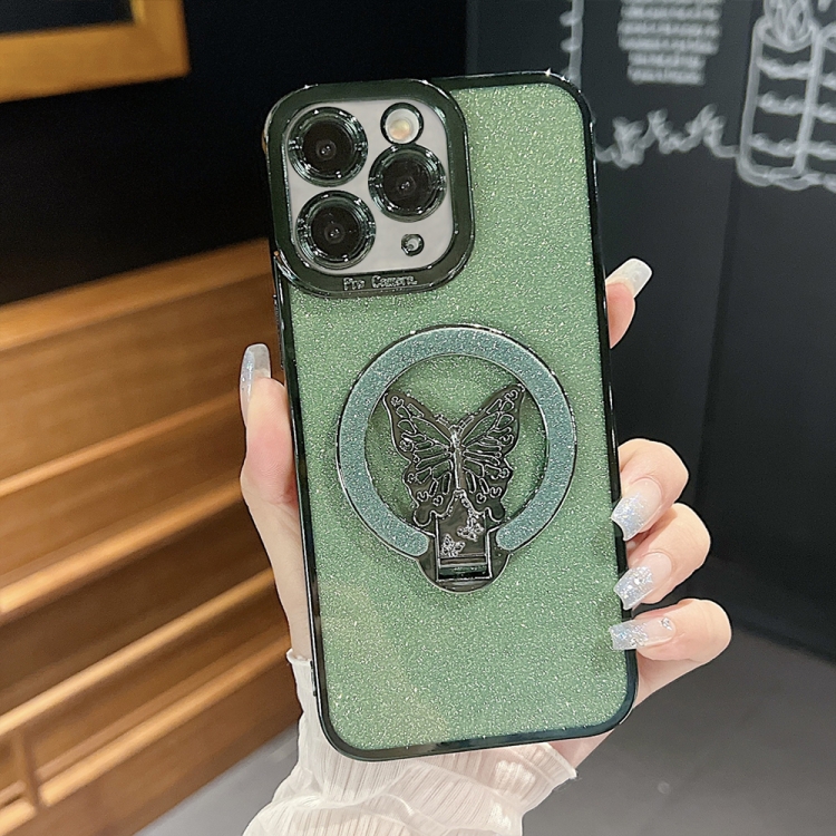 

For iPhone 11 Pro Plating Glitter Butterfly Holder Phone Case(Green)