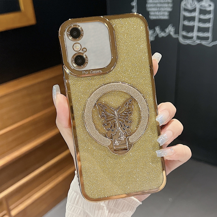 

For iPhone XS Max Plating Glitter Butterfly Holder Phone Case(Gold)