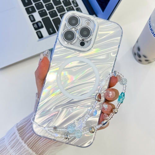 

For iPhone 16 Pro Max Plating Texture Wristband MagSafe TPU Phone Case with Glitter Lens Film(White Water Ripples)