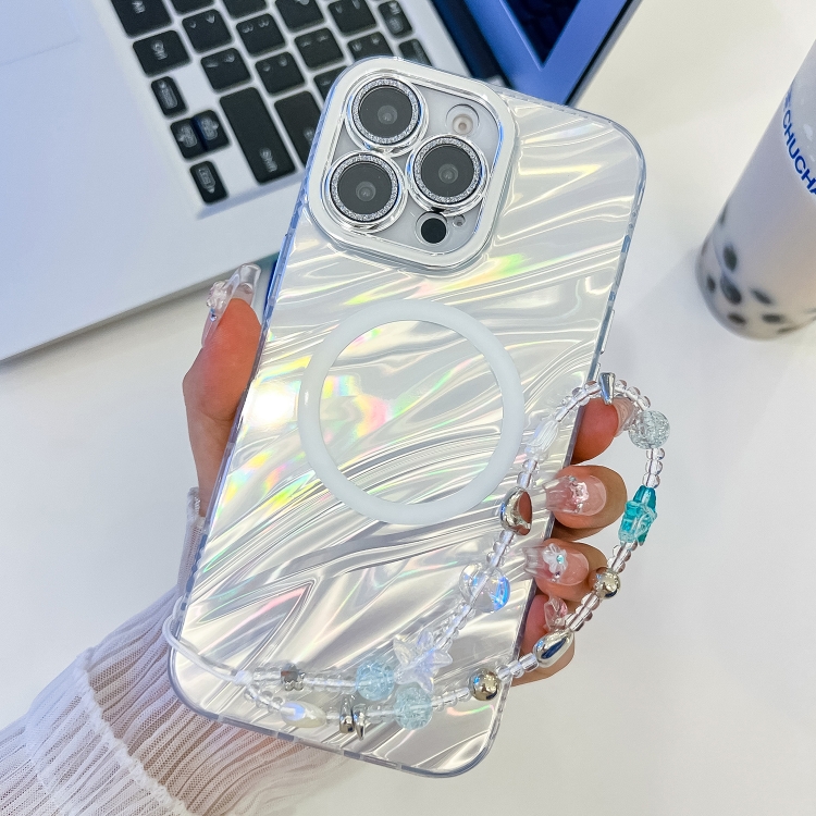 

For iPhone 16 Pro Plating Texture Wristband MagSafe TPU Phone Case with Glitter Lens Film(White Water Ripples)