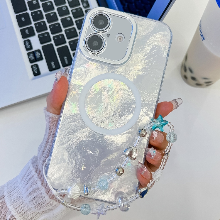 

For iPhone 16 Plus Plating Texture Wristband MagSafe TPU Phone Case with Glitter Lens Film(White Tinfoil Texture)