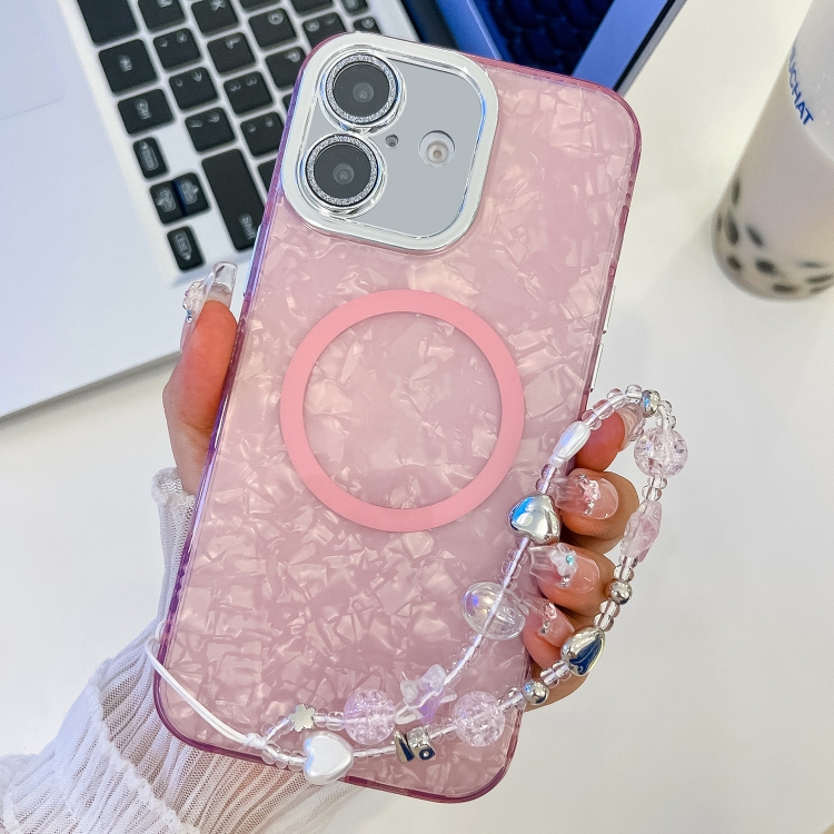 

For iPhone 16 Plating Texture Wristband MagSafe TPU Phone Case with Glitter Lens Film(Pink Shell Pattern)