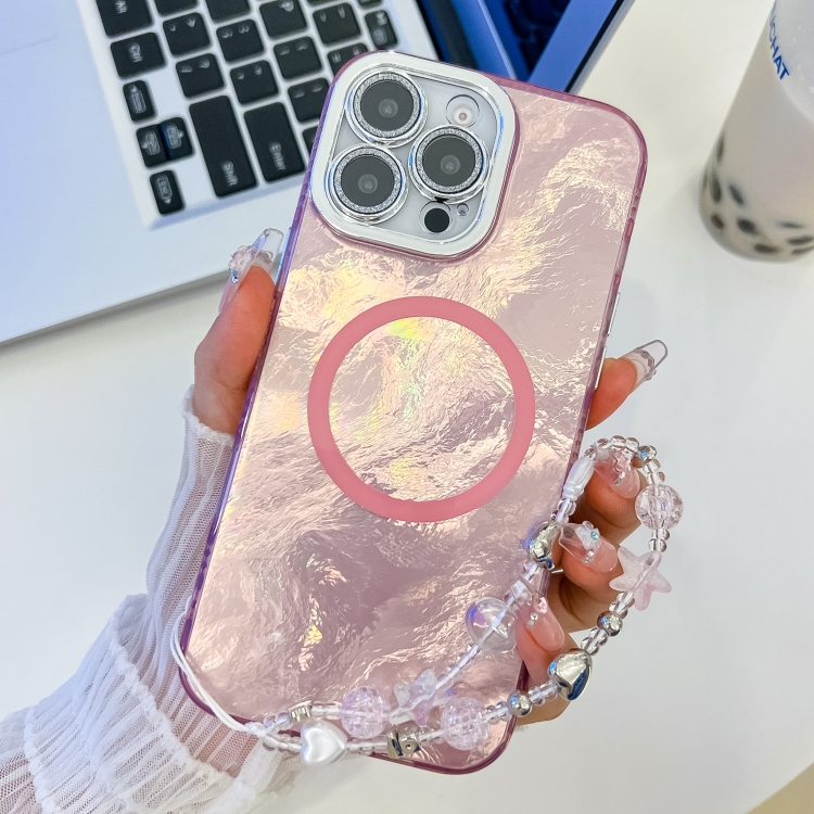 

For iPhone 15 Pro Plating Texture Wristband MagSafe TPU Phone Case with Glitter Lens Film(Pink Tinfoil Texture)