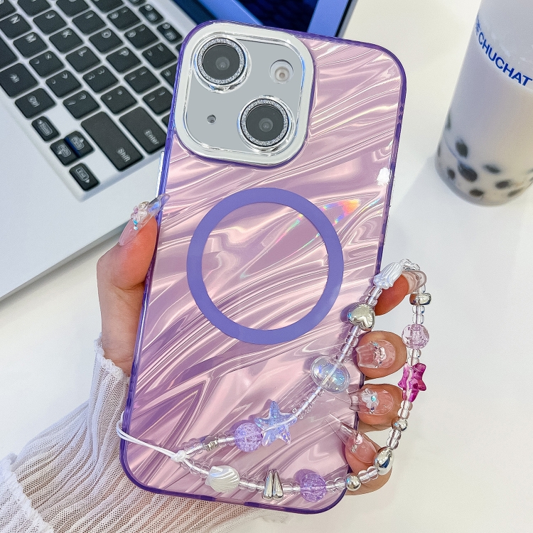 

For iPhone 15 Plating Texture Wristband MagSafe TPU Phone Case with Glitter Lens Film(Purple Water Ripples)