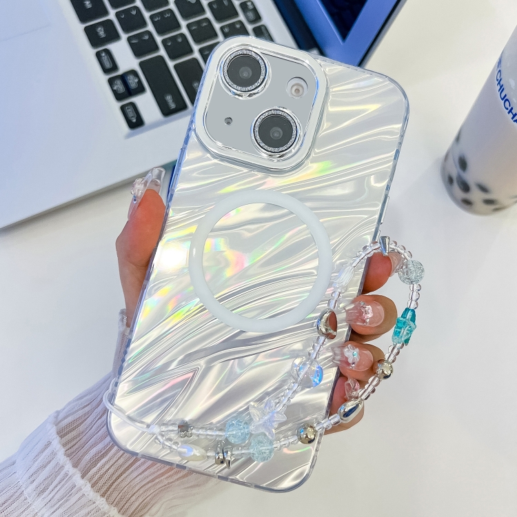 

For iPhone 14 Plating Texture Wristband MagSafe TPU Phone Case with Glitter Lens Film(White Water Ripples)