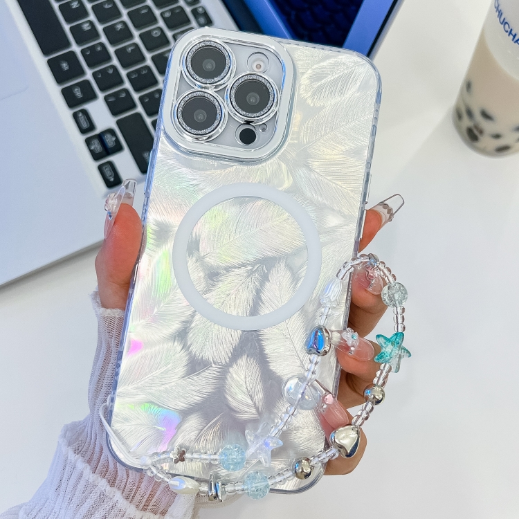

For iPhone 14 Pro Plating Texture Wristband MagSafe TPU Phone Case with Glitter Lens Film(White Feathers)