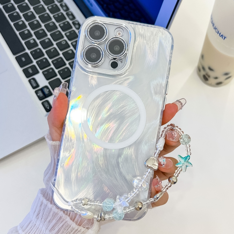 

For iPhone 13 Pro Plating Texture Wristband MagSafe TPU Phone Case with Glitter Lens Film(White Feather Yarn)