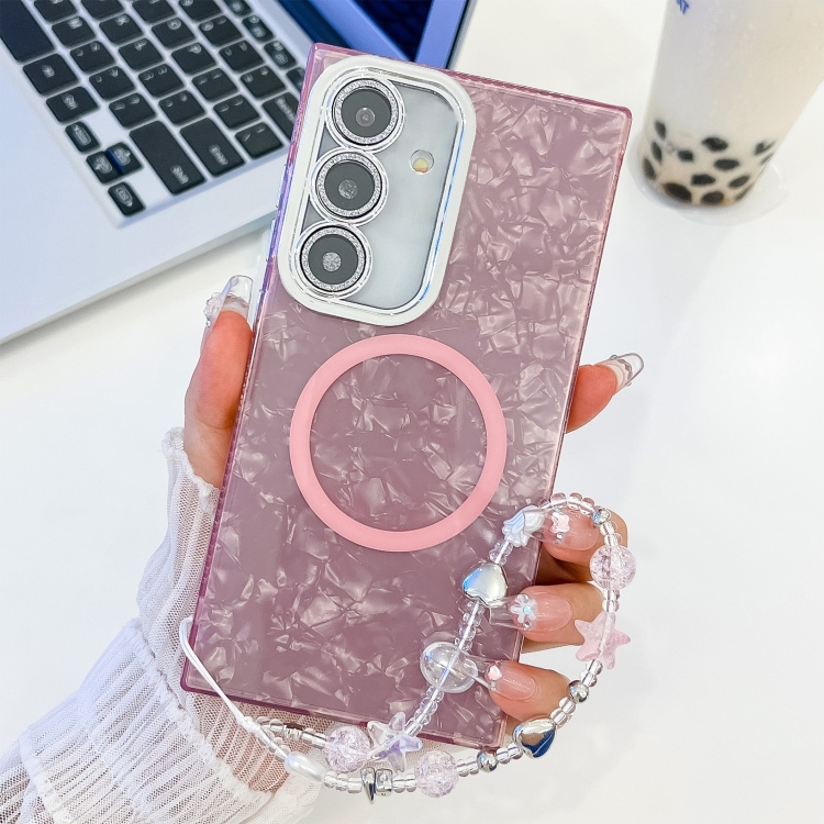 

For Samsung Galaxy A15 5G Plating Texture Wristband MagSafe TPU Phone Case with Glitter Lens Film(Pink Shell Pattern)