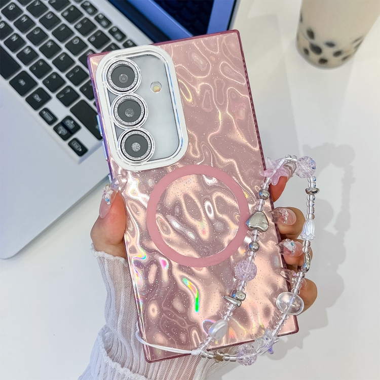 

For Samsung Galaxy A55 5G Plating Texture Wristband MagSafe TPU Phone Case with Glitter Lens Film(Pink Wrinkles)