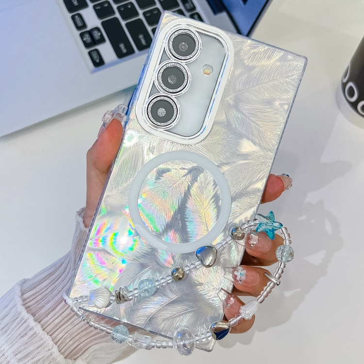 

For Samsung Galaxy A35 5G Plating Texture Wristband MagSafe TPU Phone Case with Glitter Lens Film(White Feathers)