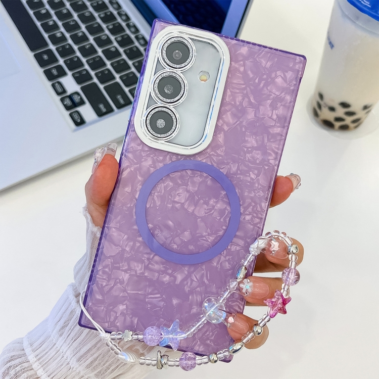 

For Samsung Galaxy S24+ 5G Plating Texture Wristband MagSafe TPU Phone Case with Glitter Lens Film(Purple Shell Pattern)
