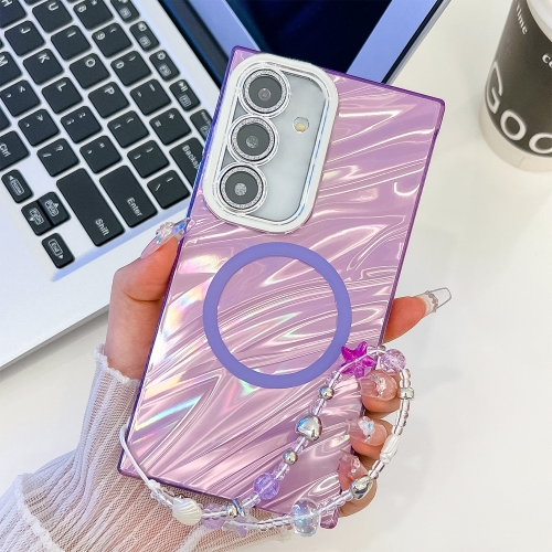 

For Samsung Galaxy S24 5G Plating Texture Wristband MagSafe TPU Phone Case with Glitter Lens Film(Purple Water Ripples)