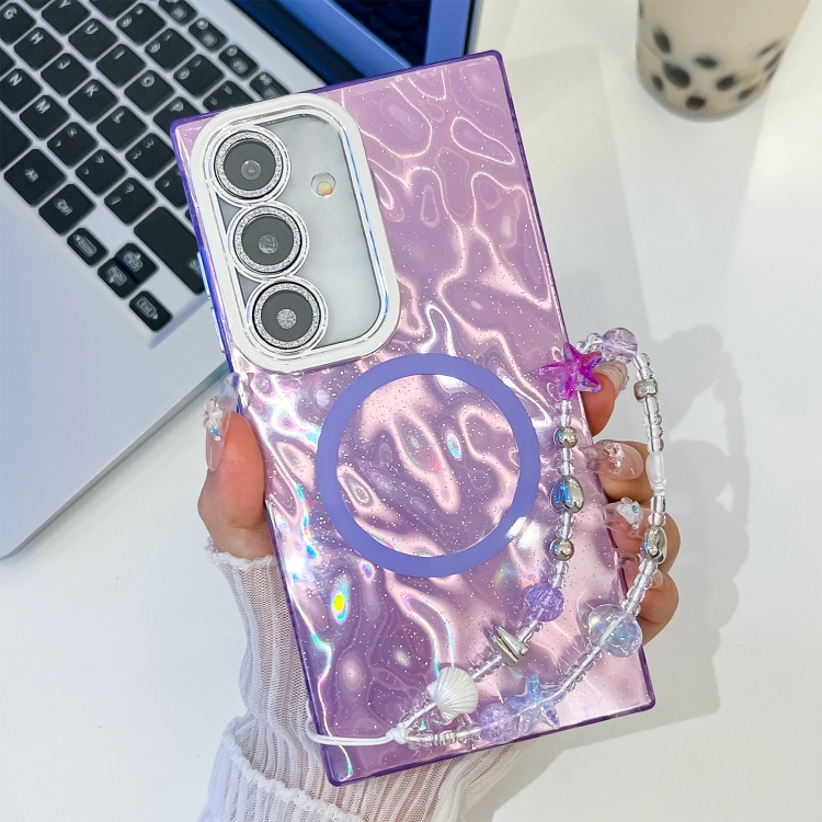 

For Samsung Galaxy S24 5G Plating Texture Wristband MagSafe TPU Phone Case with Glitter Lens Film(Purple Wrinkles)