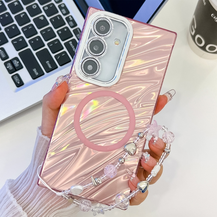 

For Samsung Galaxy A25 5G Plating Texture Wristband MagSafe TPU Phone Case with Glitter Lens Film(Pink Water Ripples)