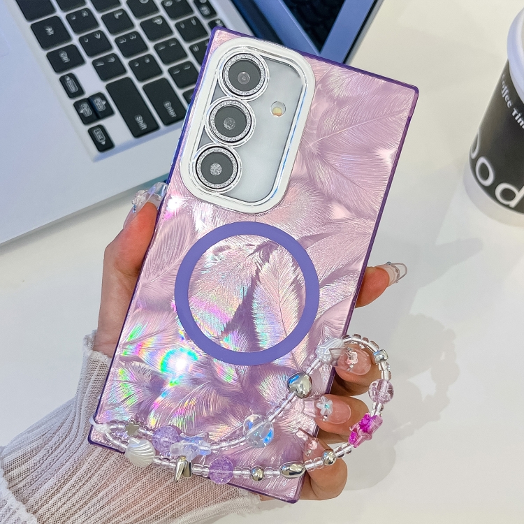 

For Samsung Galaxy A25 5G Plating Texture Wristband MagSafe TPU Phone Case with Glitter Lens Film(Purple Feathers)