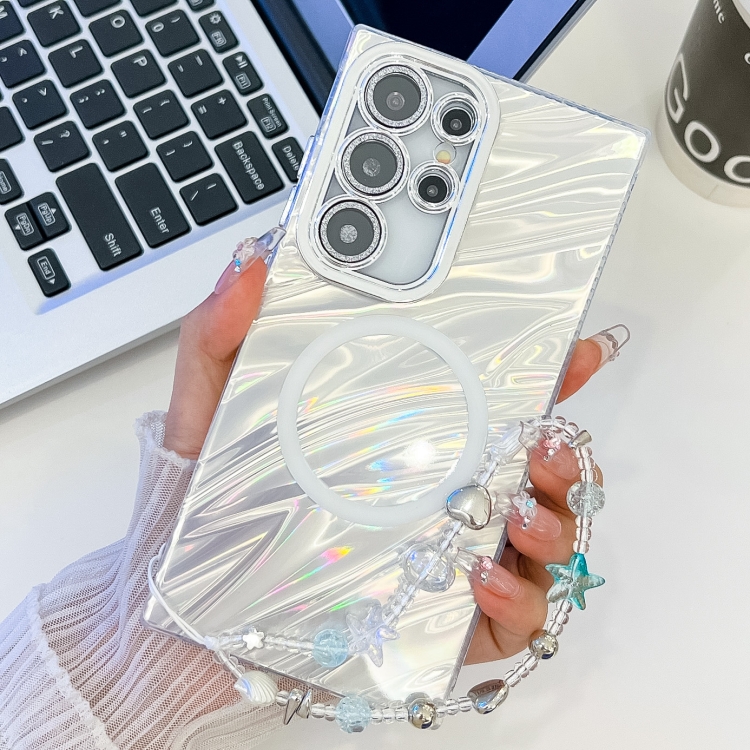 

For Samsung Galaxy S23 Ultra 5G Plating Texture Wristband MagSafe TPU Phone Case with Glitter Lens Film(White Water Ripples)