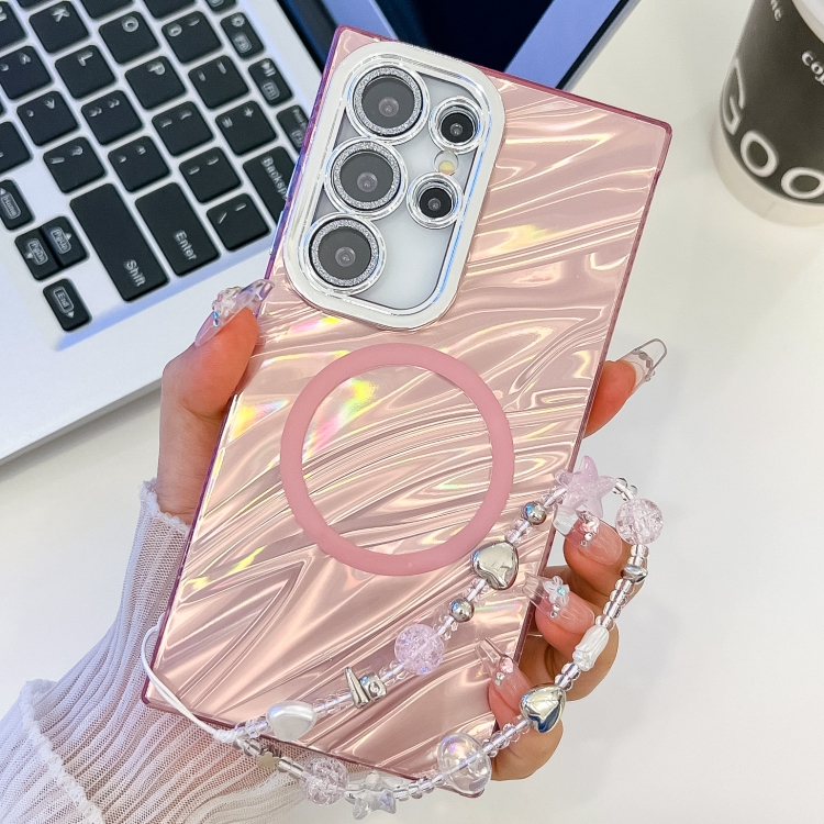 

For Samsung Galaxy S23 Ultra 5G Plating Texture Wristband MagSafe TPU Phone Case with Glitter Lens Film(Pink Water Ripples)