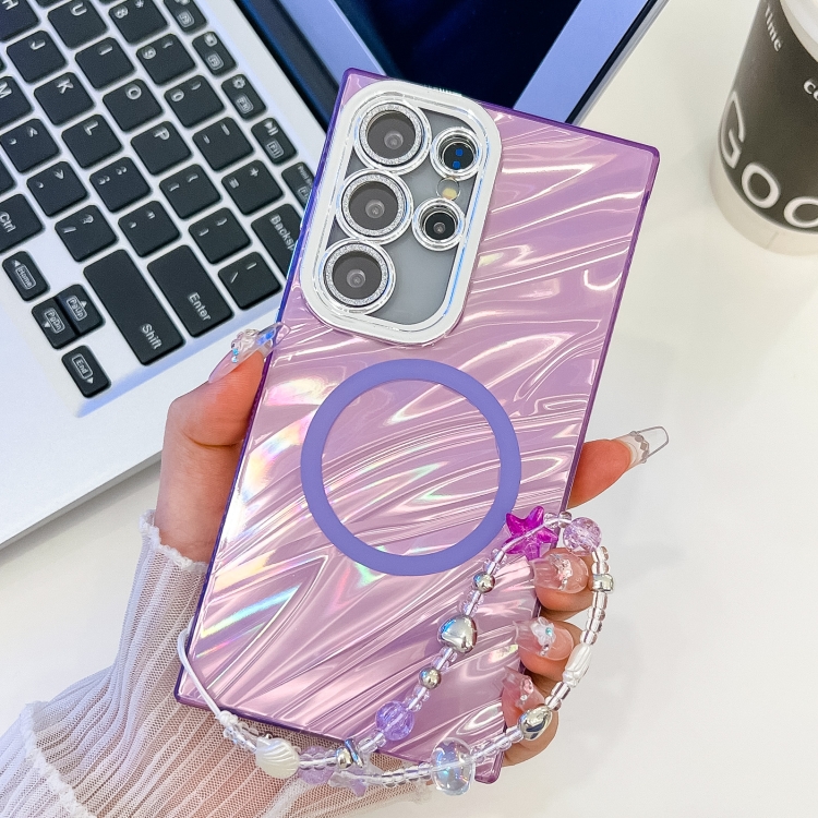 

For Samsung Galaxy S23 Ultra 5G Plating Texture Wristband MagSafe TPU Phone Case with Glitter Lens Film(Purple Water Ripples)