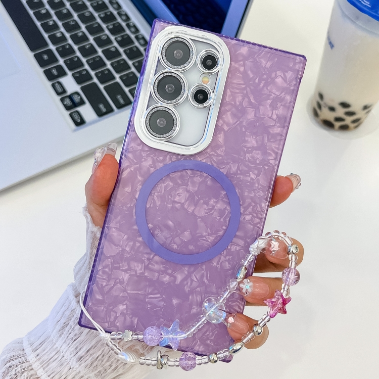

For Samsung Galaxy S23 Ultra 5G Plating Texture Wristband MagSafe TPU Phone Case with Glitter Lens Film(Purple Shell Pattern)
