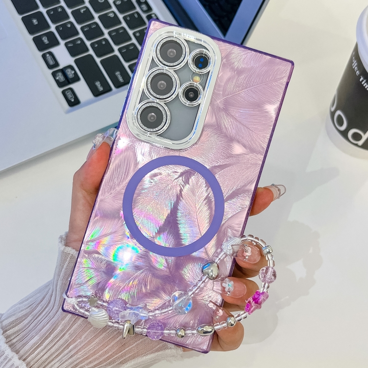 

For Samsung Galaxy S23 Ultra 5G Plating Texture Wristband MagSafe TPU Phone Case with Glitter Lens Film(Purple Feathers)