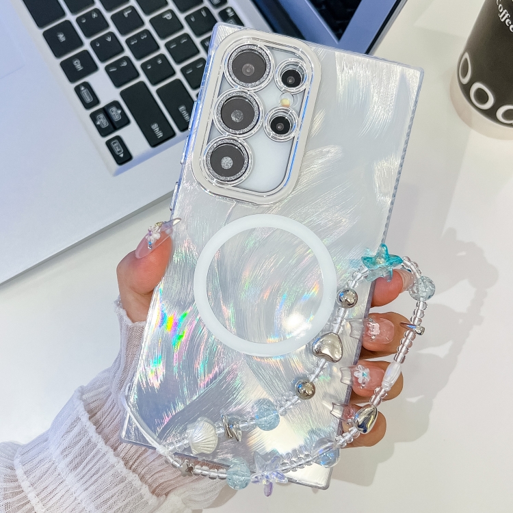 

For Samsung Galaxy S23 Ultra 5G Plating Texture Wristband MagSafe TPU Phone Case with Glitter Lens Film(White Feather Yarn)